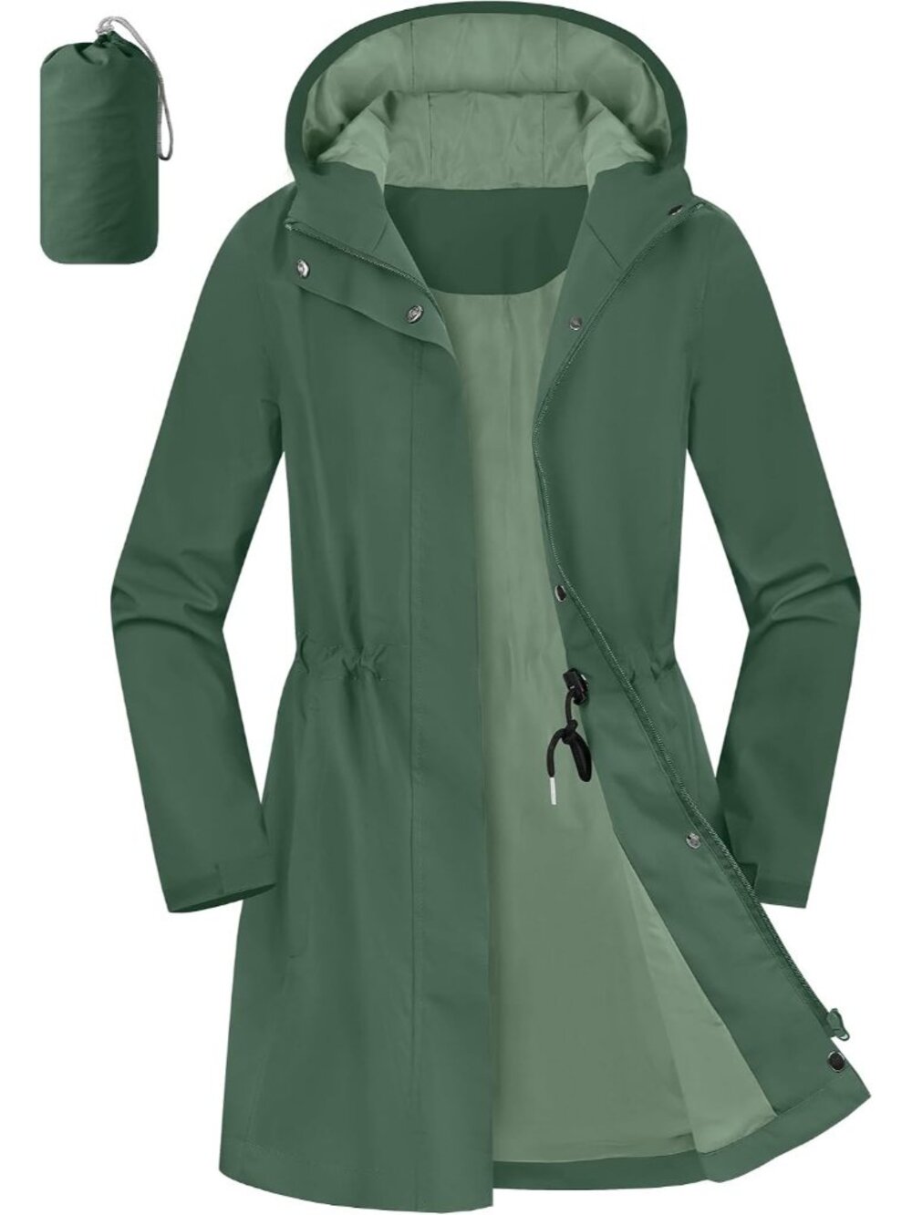 Women's Green Hooded Zipper Pockets Drawstring Waist Waterproof Packable Jacket